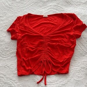 Orange-Red Ruched V-Neck Women's Top